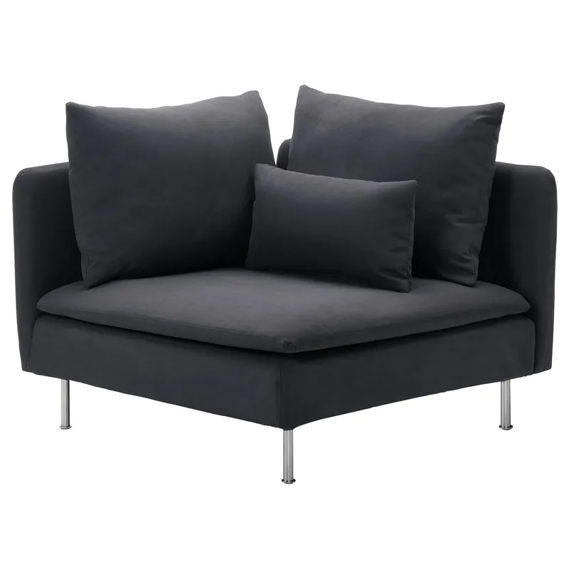 Modular Sofa, 1 piece corner, grey, with metal legs, two large back cushions and a rectangular seat cushion