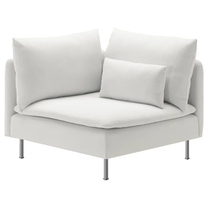 Modular Sofa, 1 piece corner, white, with metal legs and large cushions including a rectangular lumbar cushion