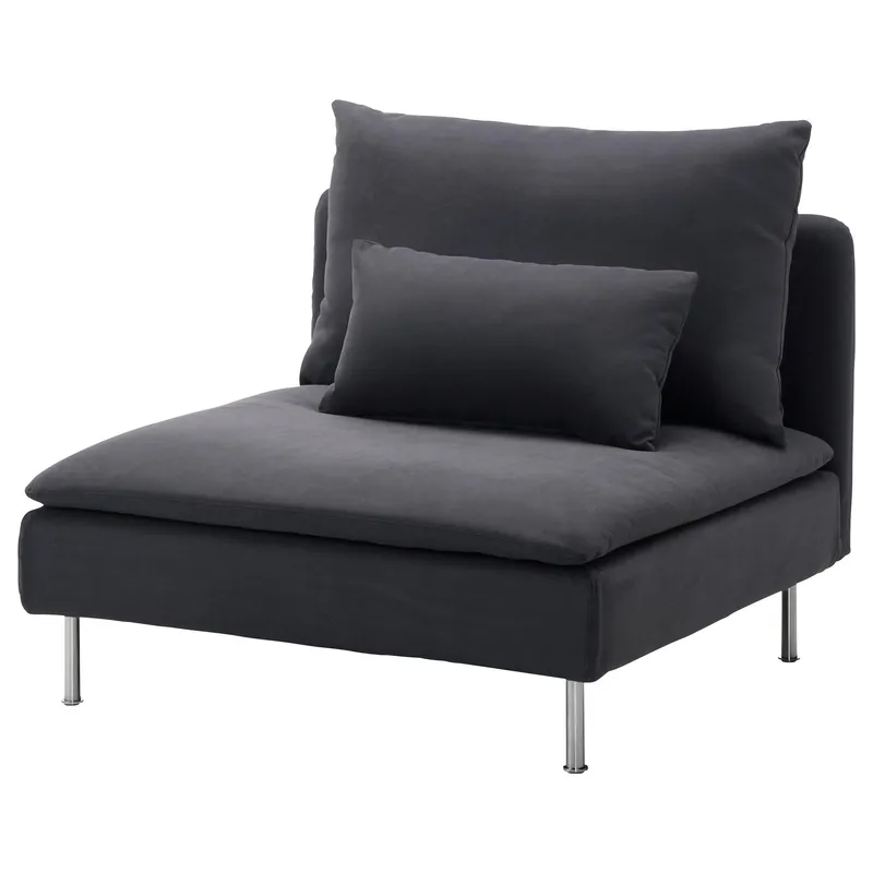 Modular Sofa, 1 piece, grey, with dark grey upholstery, a large back cushion, a smaller pillow and slim metal legs