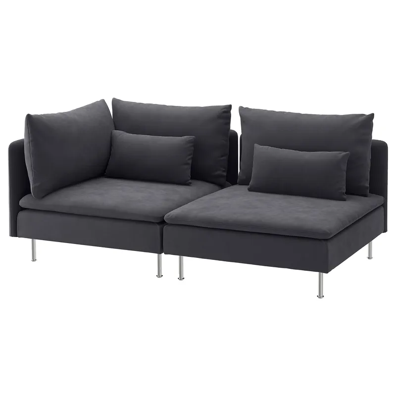 Modular Sofa, 2 piece (single armrest), grey, a sectional with metal legs, three back cushions and two accent pillows