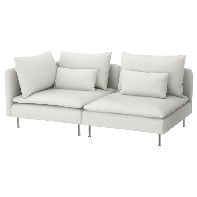 Modular Sofa, 2 piece (single armrest), white, with thick seat cushions, three back cushions and metal legs
