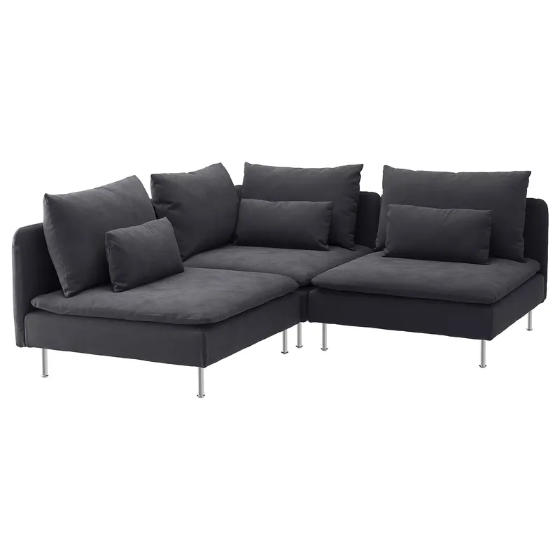 Modular Sofa, 3 piece, grey, an L-shaped corner sofa with metal legs and multiple cushions
