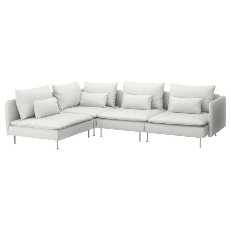 Modular Sofa, 4 piece, white, with several seat and back cushions on metal legs, on a white background