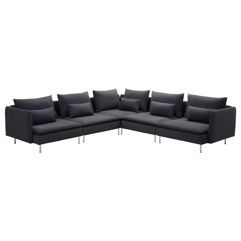 Modular Sofa, 5 piece, grey, a dark grey sofa with metal legs and plush cushions on a white background