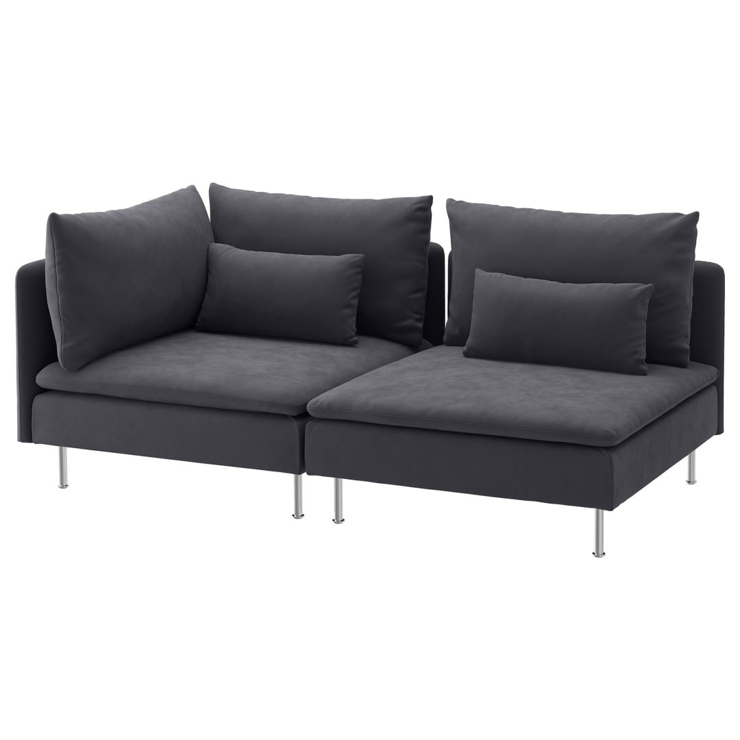 The Modular Sofa, 1 piece - Grey from Trinidad Event Furniture is a modern, dark grey sectional with metal legs, two seat sections, three back cushions, and two accent pillows—ideal for stylish gatherings. - Perched Event Rentals, Trinidad